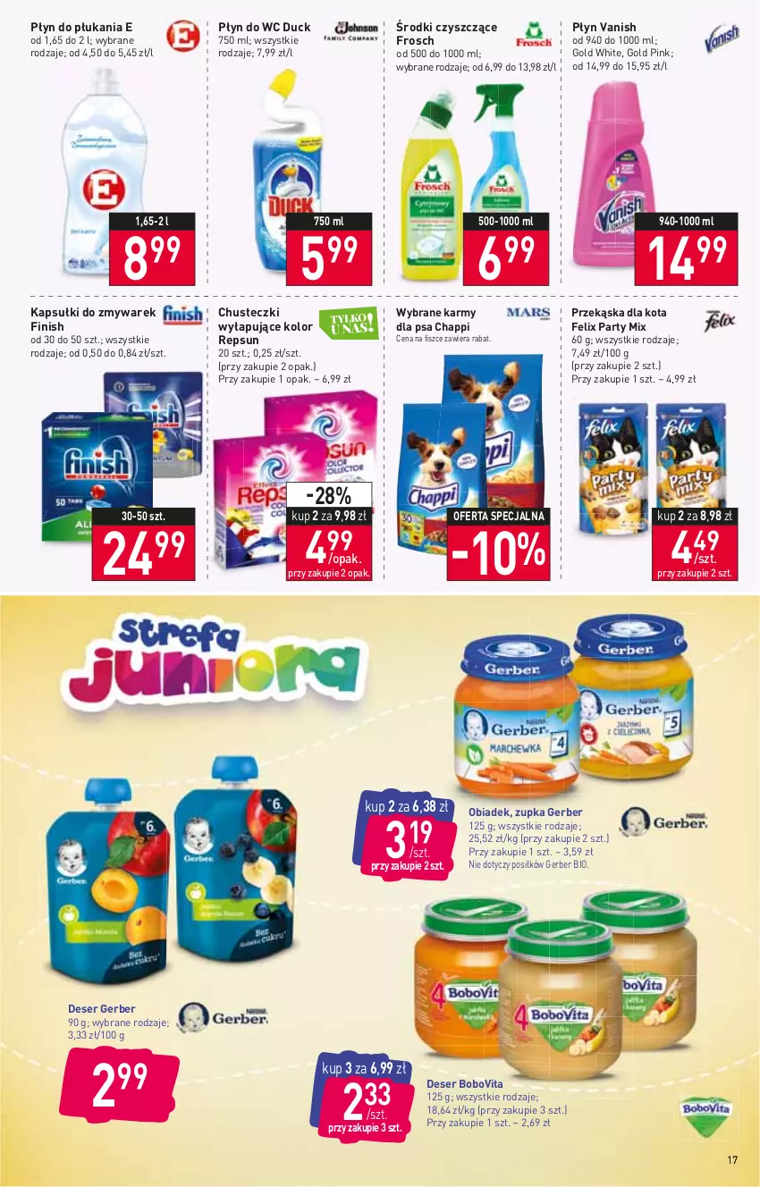 Gazetka promocyjna Stokrotka - Supermarket - ważna 27.01 do 02.02.2022 - strona 17 - produkty: BoboVita, Chappi, Chusteczki, Deser, Duck, Felix, Finish, Frosch, Gerber, Płyn do płukania, Płyn do wc, Ser, Vanish