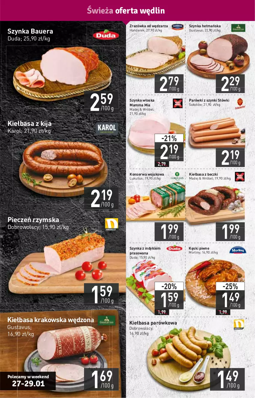 Gazetka promocyjna Stokrotka - Supermarket - ważna 27.01 do 02.02.2022 - strona 4 - produkty: Duda, HP, Kęski piwne, Kiełbasa, Kiełbasa krakowska, Morliny, Parówki, Parówki z szynki, Piec, Pieczeń rzymska, Ser, Sok, Sokołów, Szynka