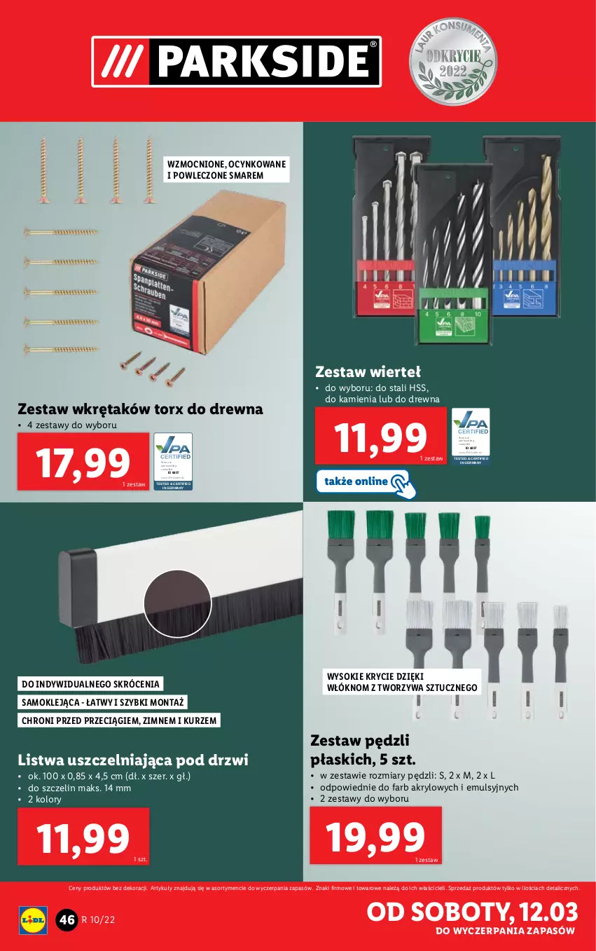 Gazetka promocyjna Lidl - GAZETKA - ważna 07.03 do 12.03.2022 - strona 46 - produkty: Control, Cynk, Drzwi, Fa, Klej, Listwa, Sok, Wkręt, Zestaw pędzli, Zestaw wierteł, Zestaw wkrętaków