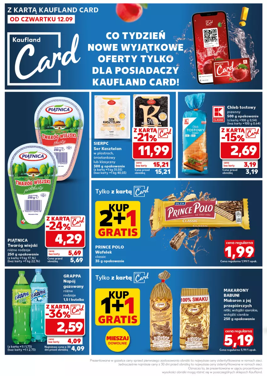 Gazetka promocyjna Kaufland - Kaufland - ważna 16.09 do 18.09.2024 - strona 6 - produkty: Chleb, Chleb tostowy, Gra, Grappa, Kasztelan, Makaron, Napój, Piątnica, Prince Polo, Ser, Ser Kasztelan, Twaróg, Wafelek