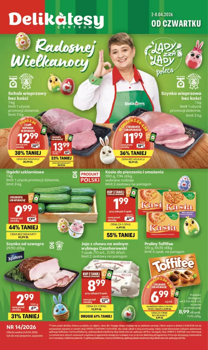 Gazetka promocyjna Delikatesy Centrum - Franczyza DC14 Czwartek - ważna 02.04 do 08.04.2026 - strona 1 - produkty: Dron, Gra, Jaja, Kasia, LG, Piec, Praliny, Rama, Rum, Szynka, Toffifee, Tran