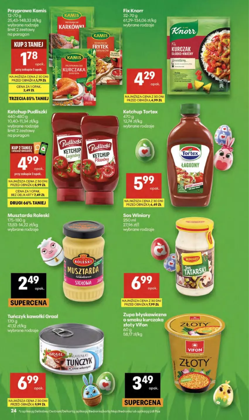 Gazetka promocyjna Delikatesy Centrum - Franczyza DC14 Czwartek - ważna 02.04 do 08.04.2026 - strona 24 - produkty: Dron, Kamis, Ketchup, Knorr, Kurczak, Mus, Musztarda, Por, Pudliszki, Rum, Sos, Winiary, Zupa