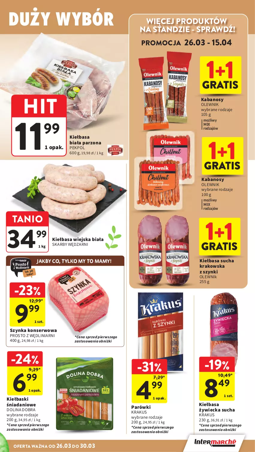 Gazetka promocyjna Intermarche - Gazetka Intermarche - ważna 26.03 do 30.03.2026 - strona 23 - produkty: Danio, Gra, Kabanos, Kiełbasa, Kiełbasa biała, Kiełbasa wiejska, Krakus, Olewnik, Parówki, Pekpol, Ser, Szynka, Szynka konserwowa
