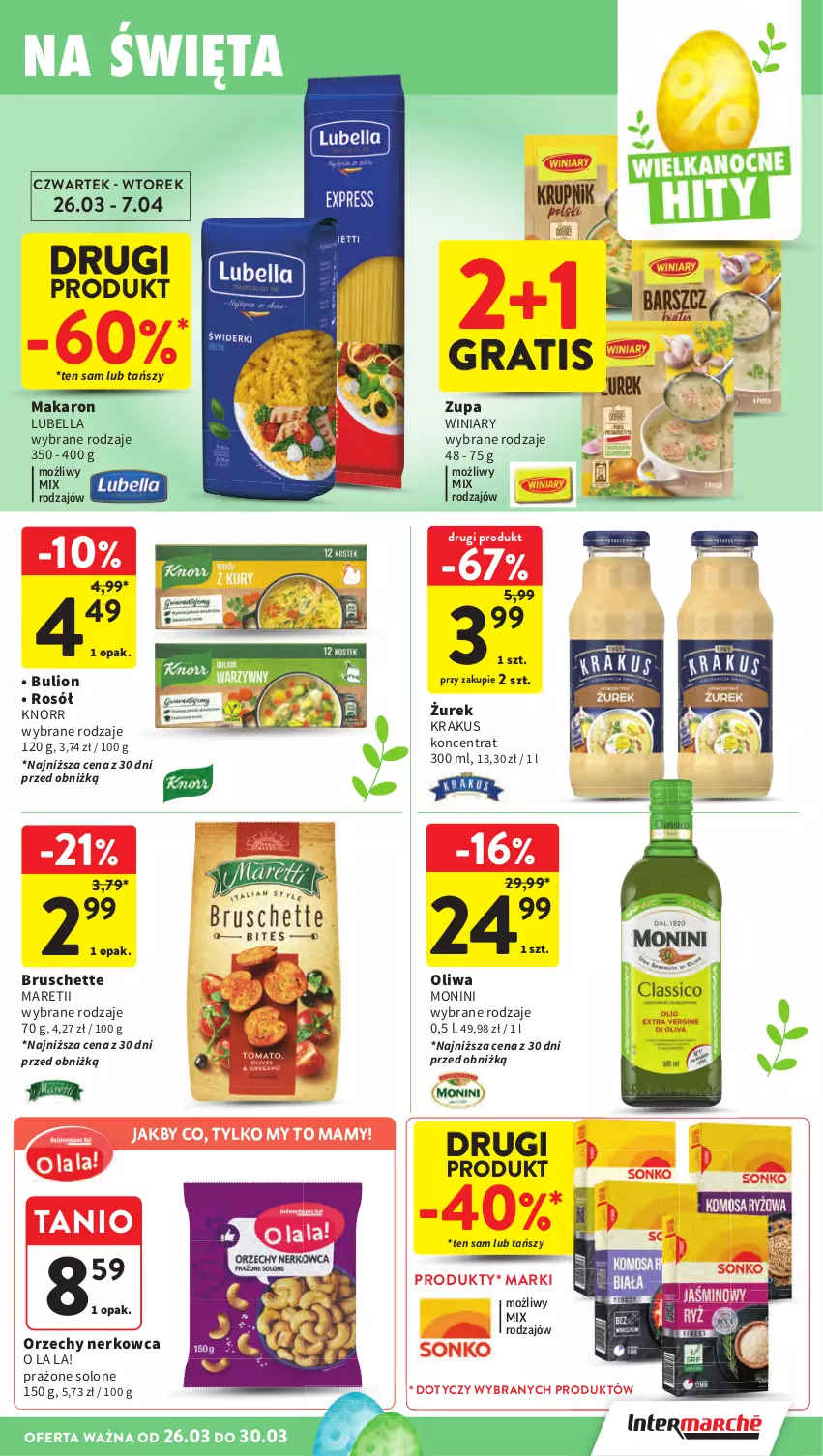 Gazetka promocyjna Intermarche - Gazetka Intermarche - ważna 26.03 do 30.03.2026 - strona 35 - produkty: Bell, Bella, Bruschette, Bulion, Gra, Knorr, Krakus, Lion, Lubella, Makaron, Monini, Rosół, Winiary, Zupa