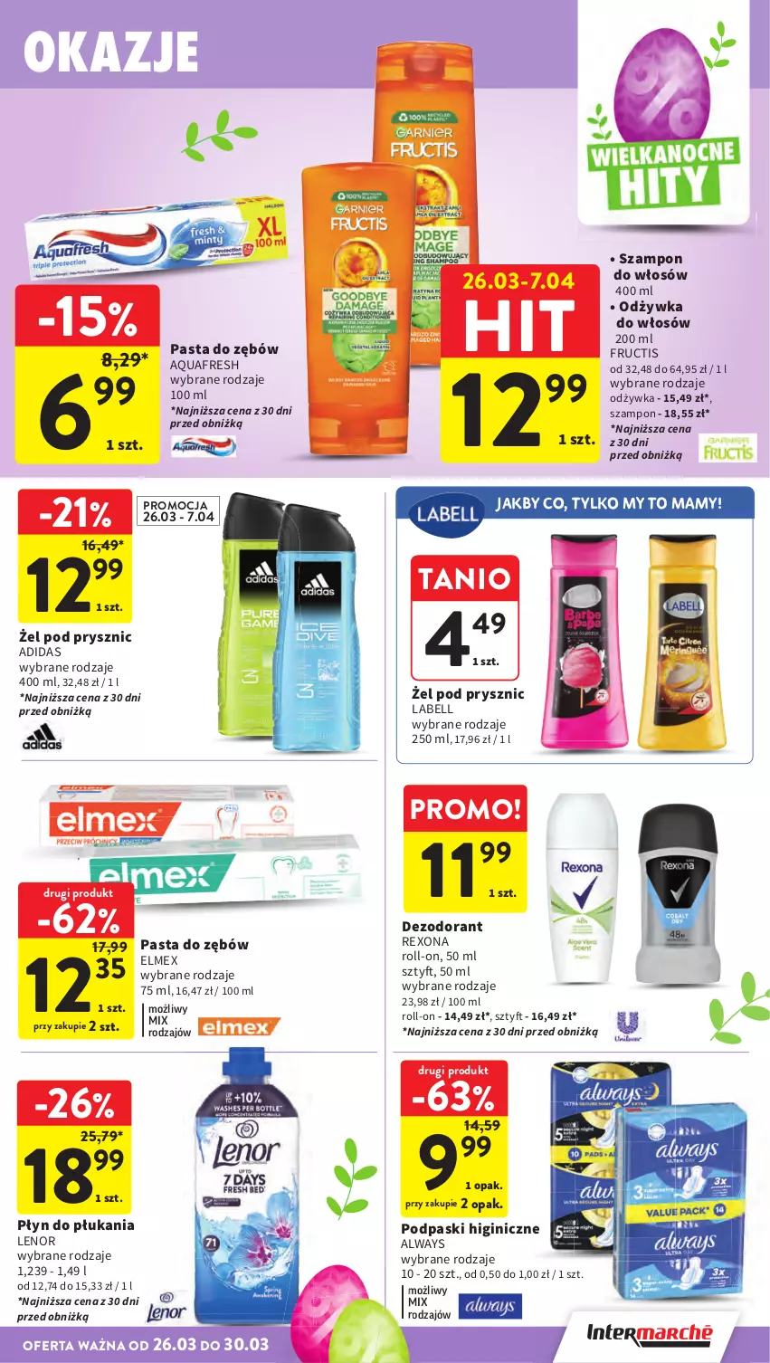 Gazetka promocyjna Intermarche - Gazetka Intermarche - ważna 26.03 do 30.03.2026 - strona 43 - produkty: Adidas, Always, Aquafresh, Bell, Dezodorant, Elmex, Fructis, Gin, Lenor, Odżywka, Pasta do zębów, Płyn do płukania, Podpaski, Rexona, Szampon