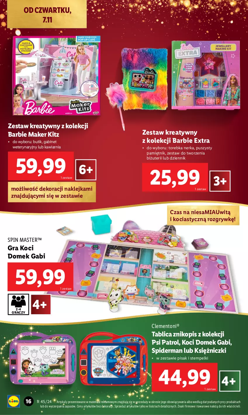 Gazetka promocyjna Lidl - KATALOG ZABAWKI - ważna 02.11 do 24.12.2024 - strona 16 - produkty: Barbie, Gra, Gry, Klej, Koc, Pamiętnik, Psi Patrol, Spiderman, Torebka, Znikopis