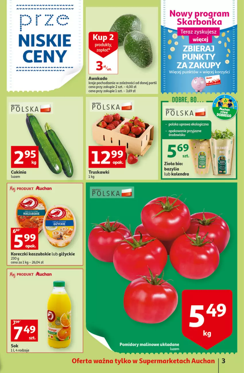 Gazetka promocyjna Auchan - Szkoła oszczędzania Temat PrzeSmaczne oferty Supermarkety - ważna 02.08 do 10.08.2022 - strona 3 - produkty: Bazyl, Bazylia, Gra, Kolendra, Koreczki kaszubskie, Sok, Tera