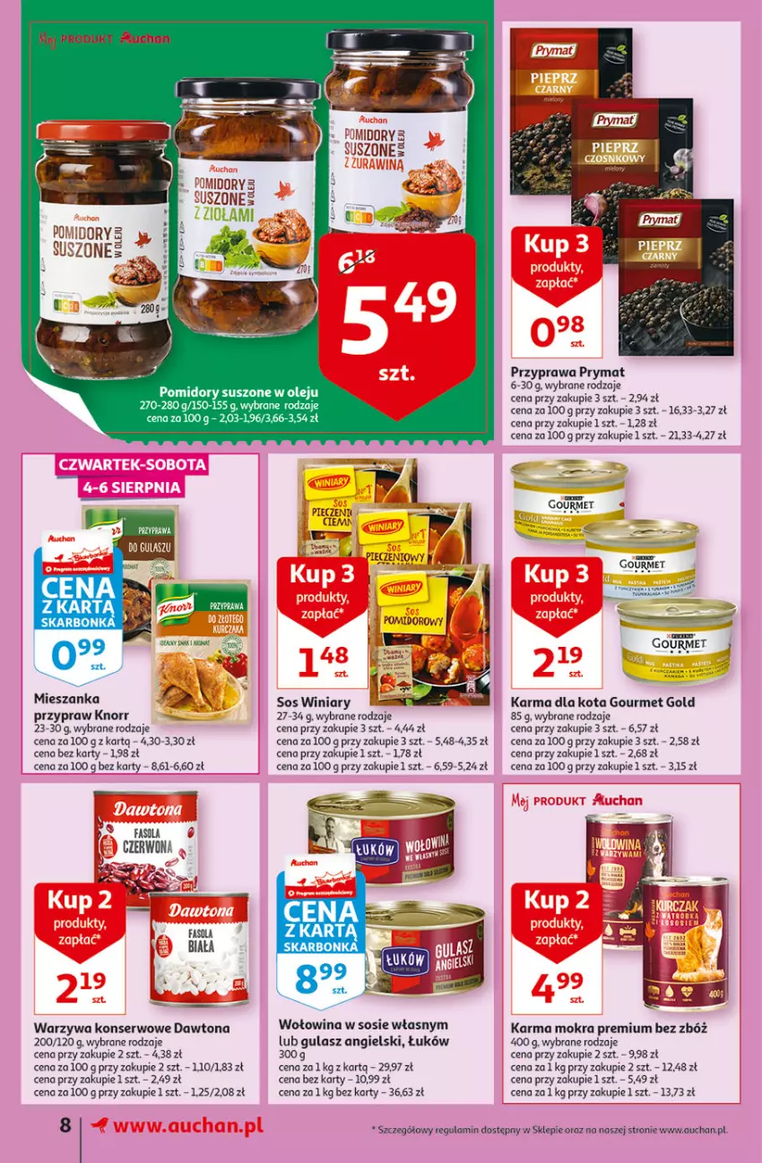 Gazetka promocyjna Auchan - Szkoła oszczędzania Temat PrzeSmaczne oferty Supermarkety - ważna 02.08 do 10.08.2022 - strona 8 - produkty: Dawtona, Fa, Fasola, Gourmet Gold, Knorr, Noż, Olej, Piec, Pomidory, Prymat, Ser, Sos, Warzywa, Warzywa konserwowe, Winiary, Wołowina