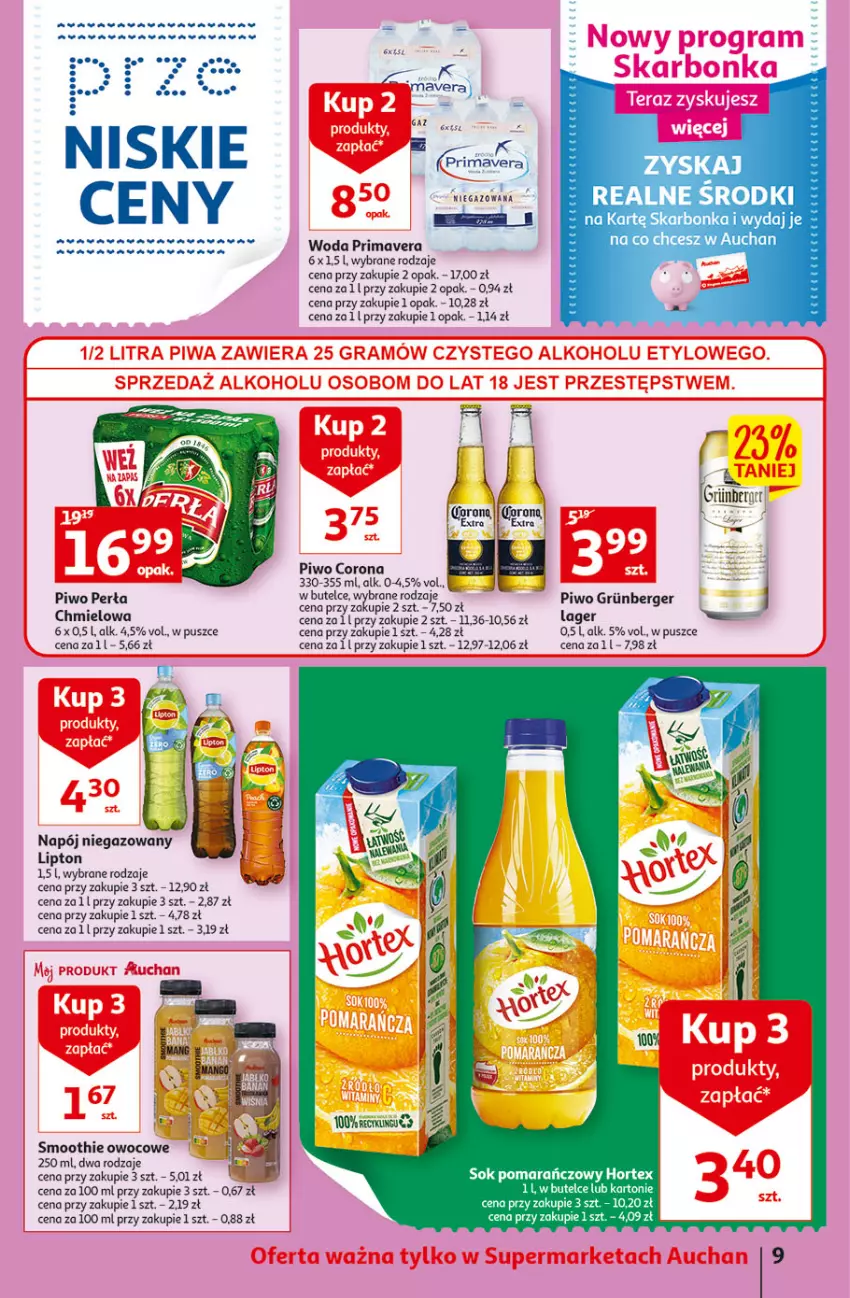 Gazetka promocyjna Auchan - Szkoła oszczędzania Temat PrzeSmaczne oferty Supermarkety - ważna 02.08 do 10.08.2022 - strona 9 - produkty: Dada, Lipton, Mango, Napój, Napój niegazowany, Perła, Piwo, Prima, Primavera, Smoothie, Sok, Sok pomarańczowy, Woda