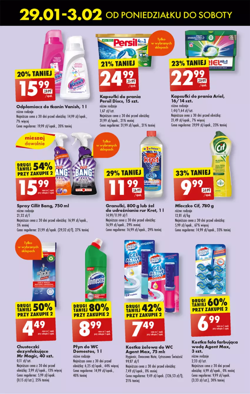 Gazetka promocyjna Biedronka - Od poniedzialku - ważna 29.01 do 03.02.2024 - strona 59 - produkty: Ariel, Chusteczki, Cif, Cillit Bang, Domestos, Fa, Gra, Kapsułki do prania, Kret, Mleczko, Odplamiacz, Persil, Płyn do wc, Vanish