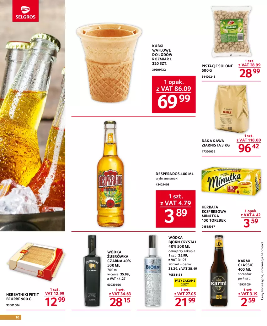 Gazetka promocyjna Selgros - Oferta gastronomiczna - ważna 27.07 do 09.08.2023 - strona 10 - produkty: Desperados, Herbata, Herbatniki, Herbatniki Petit Beurre, Karmi, Kawa, Kawa ziarnista, Pistacje, Wódka