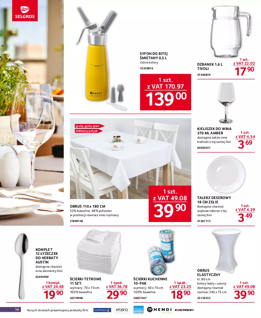 Gazetka promocyjna Selgros - Oferta gastronomiczna - ważna 27.07 do 09.08.2023 - strona 14 - produkty: Deser, Dzbanek, Kieliszek, Obrus, Ser, Syfon, Talerz, Talerz deserowy, Wełna