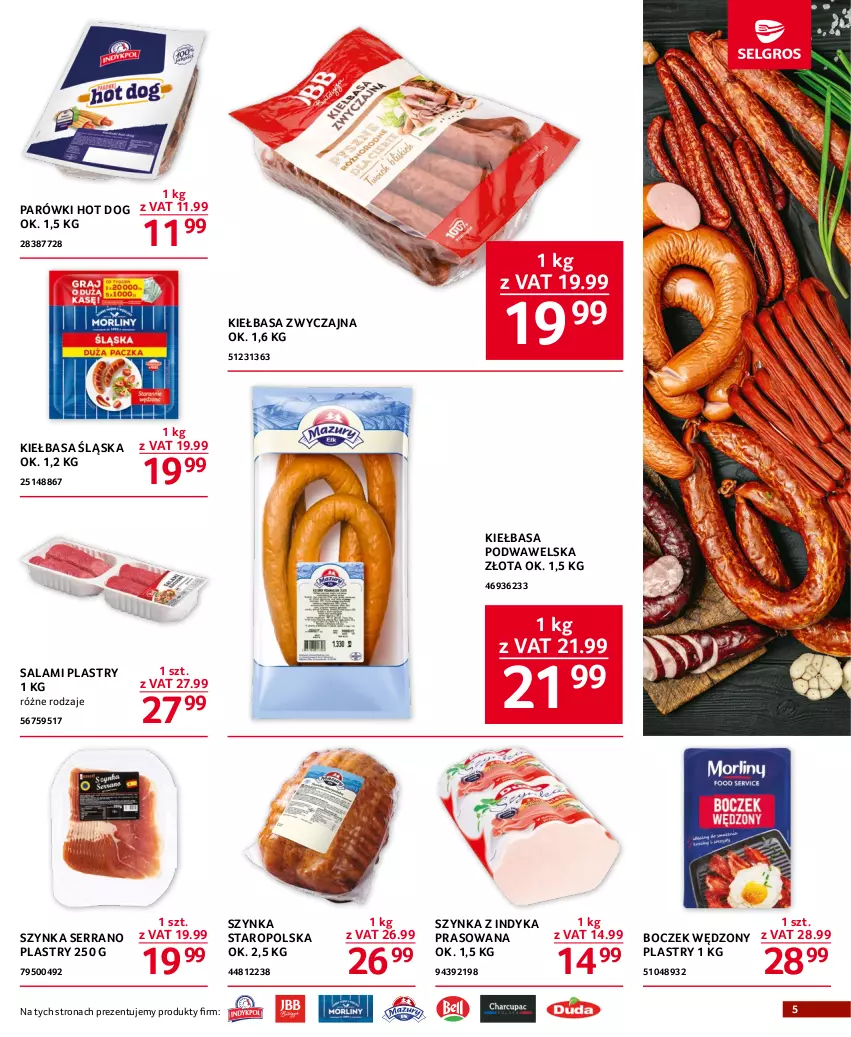 Gazetka promocyjna Selgros - Oferta gastronomiczna - ważna 27.07 do 09.08.2023 - strona 5 - produkty: Boczek, Hot dog, Kiełbasa, Kiełbasa podwawelska, Kiełbasa śląska, Parówki, Parówki hot dog, Salami, Ser, Szynka, Wawel