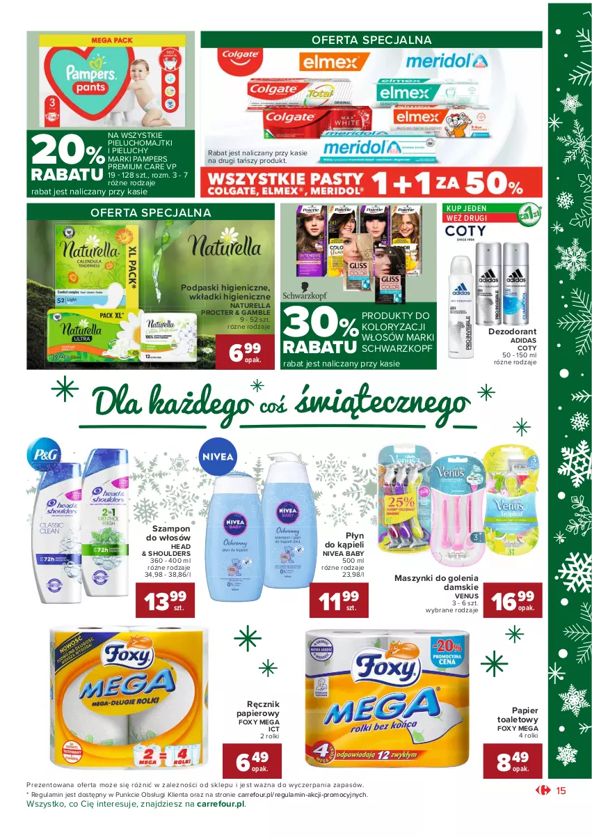 Gazetka promocyjna Carrefour - Gazetka Market Okazje grudnia - ważna 01.12 do 31.12.2021 - strona 15 - produkty: Adidas, Dezodorant, Foxy, Majtki, Naturell, Naturella, Nivea, Nivea Baby, Pampers, Papier, Papier toaletowy, Pieluchomajtki, Pieluchy, Płyn do kąpieli, Podpaski, Ręcznik, Rolki, Schwarzkopf, Szampon, Venus, Wkładki