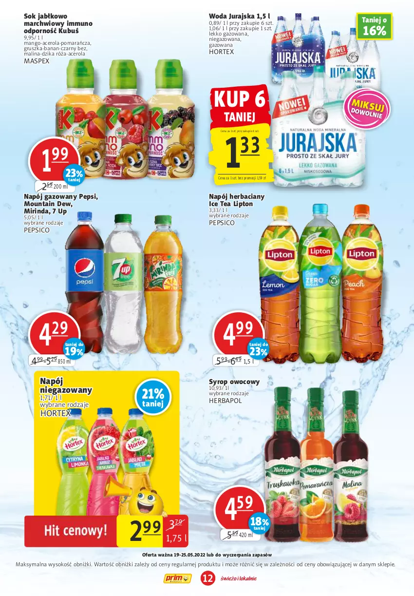Gazetka promocyjna Prim Market - ważna 19.05 do 25.05.2022 - strona 12 - produkty: Acer, Dzika róża, Herbapol, Hortex, Ice tea, Kubuś, Lipton, Mango, Mirinda, Napój, Napój gazowany, Napój niegazowany, Pepsi, Por, Róża, Sok, Syrop, Woda