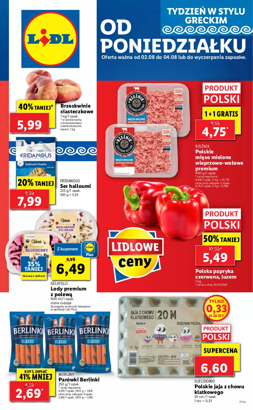 Gazetka promocyjna Lidl - GAZETKA - ważna 02.08 do 04.08.2021 - strona 1 - produkty: Berlinki, Brzoskwinie, Gra, Jaja, Lody, Mięso, Mięso mielone, Morliny, Papryka, Papryka czerwona, Parówki, Por, Ser