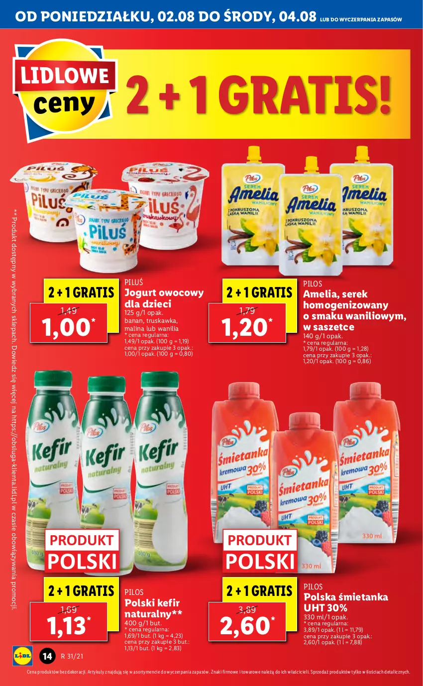 Gazetka promocyjna Lidl - GAZETKA - ważna 02.08 do 04.08.2021 - strona 14 - produkty: Dzieci, Gra, Jogurt, Jogurt owocowy, Kefir, Kefir naturalny, Pilos, Ser, Serek, Serek homogenizowany