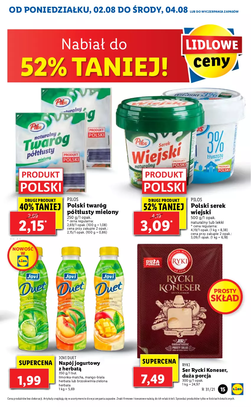 Gazetka promocyjna Lidl - GAZETKA - ważna 02.08 do 04.08.2021 - strona 15 - produkty: Herbata, Jogurt, Limonka, Mango, Napój, Napój jogurtowy, Pilos, Por, Ser, Serek, Serek wiejski, Twaróg, Twaróg półtłusty