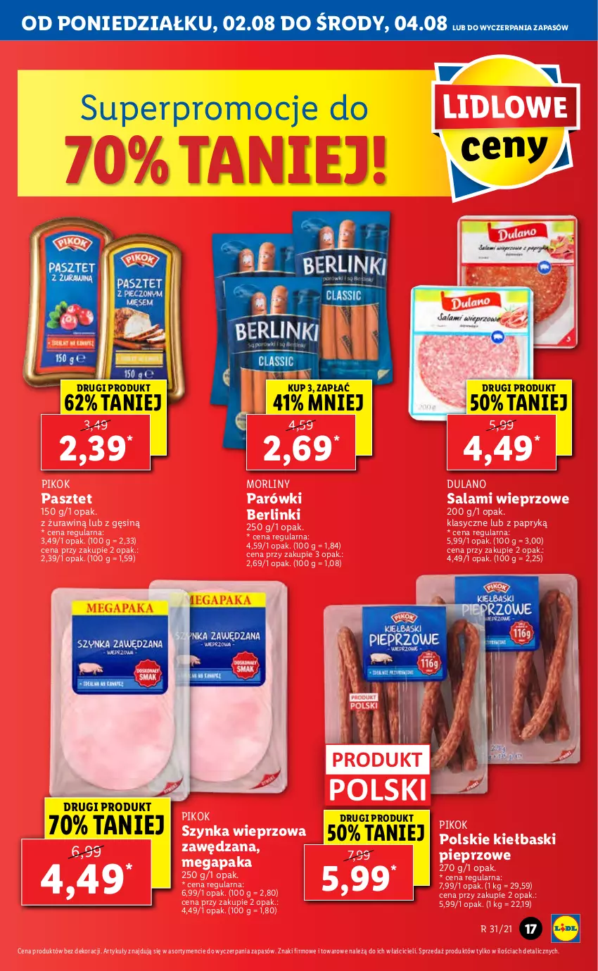 Gazetka promocyjna Lidl - GAZETKA - ważna 02.08 do 04.08.2021 - strona 17 - produkty: Berlinki, Dulano, Kiełbaski pieprzowe, Morliny, Parówki, Pasztet, Pieprz, PIKOK, Salami, Szynka, Szynka wieprzowa