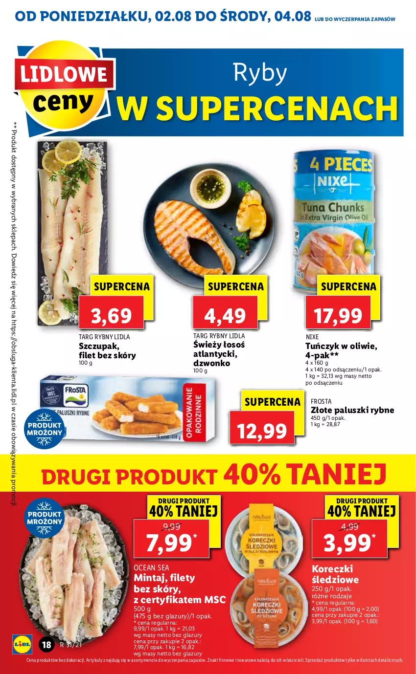 Gazetka promocyjna Lidl - GAZETKA - ważna 02.08 do 04.08.2021 - strona 18 - produkty: Frosta, Koreczki śledziowe, Lazur, Mintaj, Paluszki rybne, Tuńczyk, Zupa