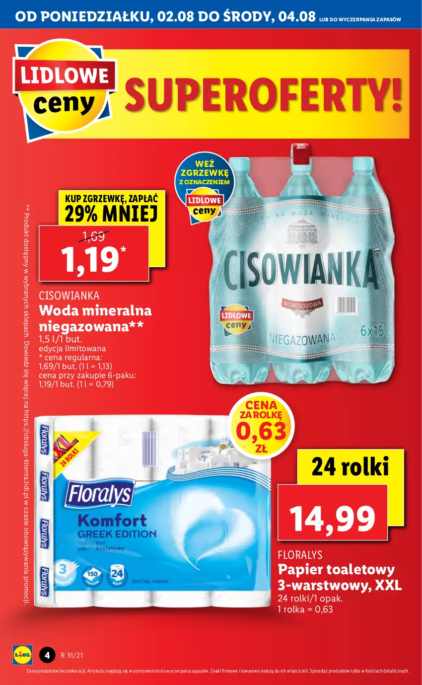 Gazetka promocyjna Lidl - GAZETKA - ważna 02.08 do 04.08.2021 - strona 4 - produkty: Cisowianka, Flora, Papier, Papier toaletowy, Rolki, Woda, Woda mineralna