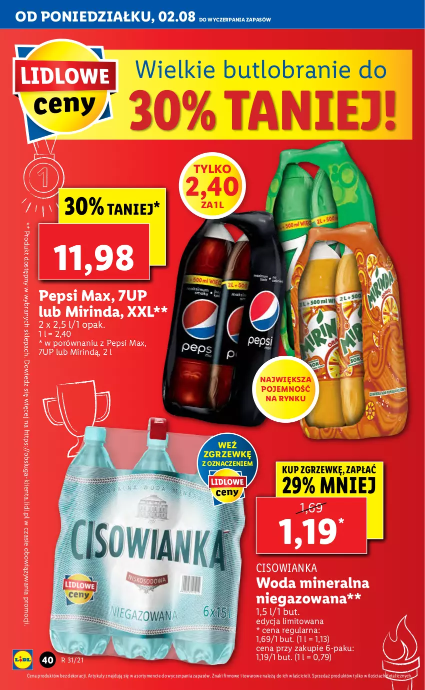 Gazetka promocyjna Lidl - GAZETKA - ważna 02.08 do 04.08.2021 - strona 40 - produkty: 7up, Cisowianka, Mirinda, Pepsi, Pepsi max, Por, Woda, Woda mineralna