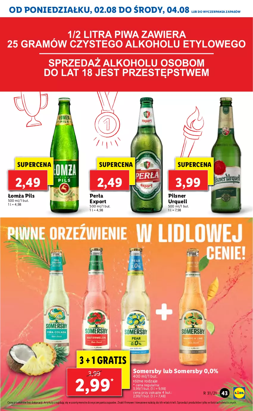 Gazetka promocyjna Lidl - GAZETKA - ważna 02.08 do 04.08.2021 - strona 43 - produkty: Gra, Perła, Pilsner Urquell, Por, Somersby