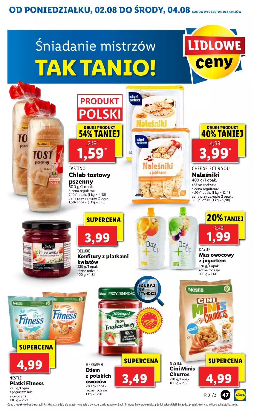 Gazetka promocyjna Lidl - GAZETKA - ważna 02.08 do 04.08.2021 - strona 47 - produkty: Chleb, Chleb tostowy, Cini Minis, Dżem, Herbapol, Jogurt, Mus, Naleśniki, Nestlé