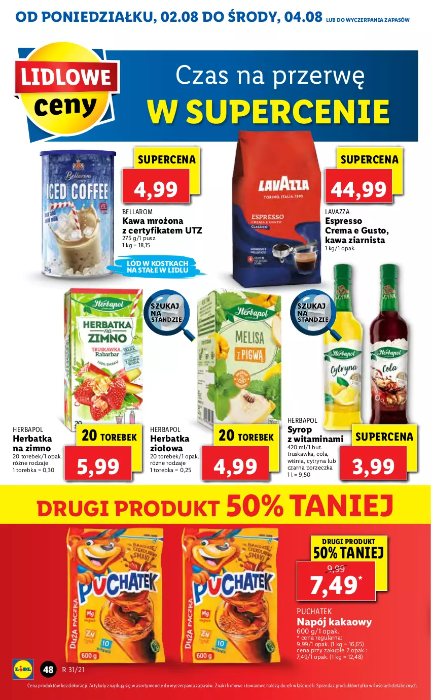 Gazetka promocyjna Lidl - GAZETKA - ważna 02.08 do 04.08.2021 - strona 48 - produkty: Bell, Bella, Herbapol, Kakao, Kawa, Kawa ziarnista, Lavazza, Napój, Por, Syrop, Torebka