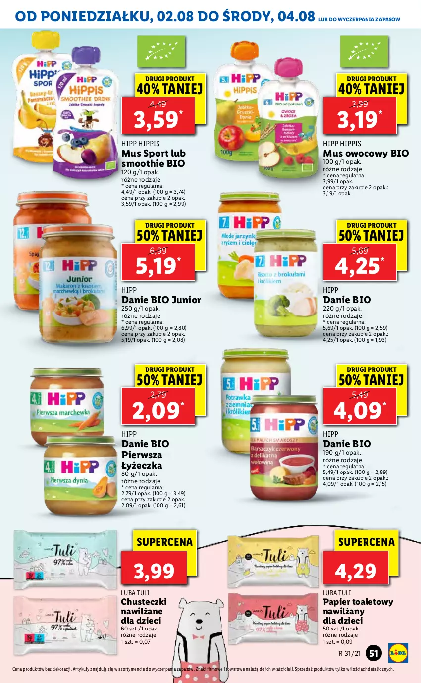 Gazetka promocyjna Lidl - GAZETKA - ważna 02.08 do 04.08.2021 - strona 51 - produkty: Chusteczki, Dzieci, HiPP, Mus, Papier, Papier toaletowy, Por, Smoothie, Sport