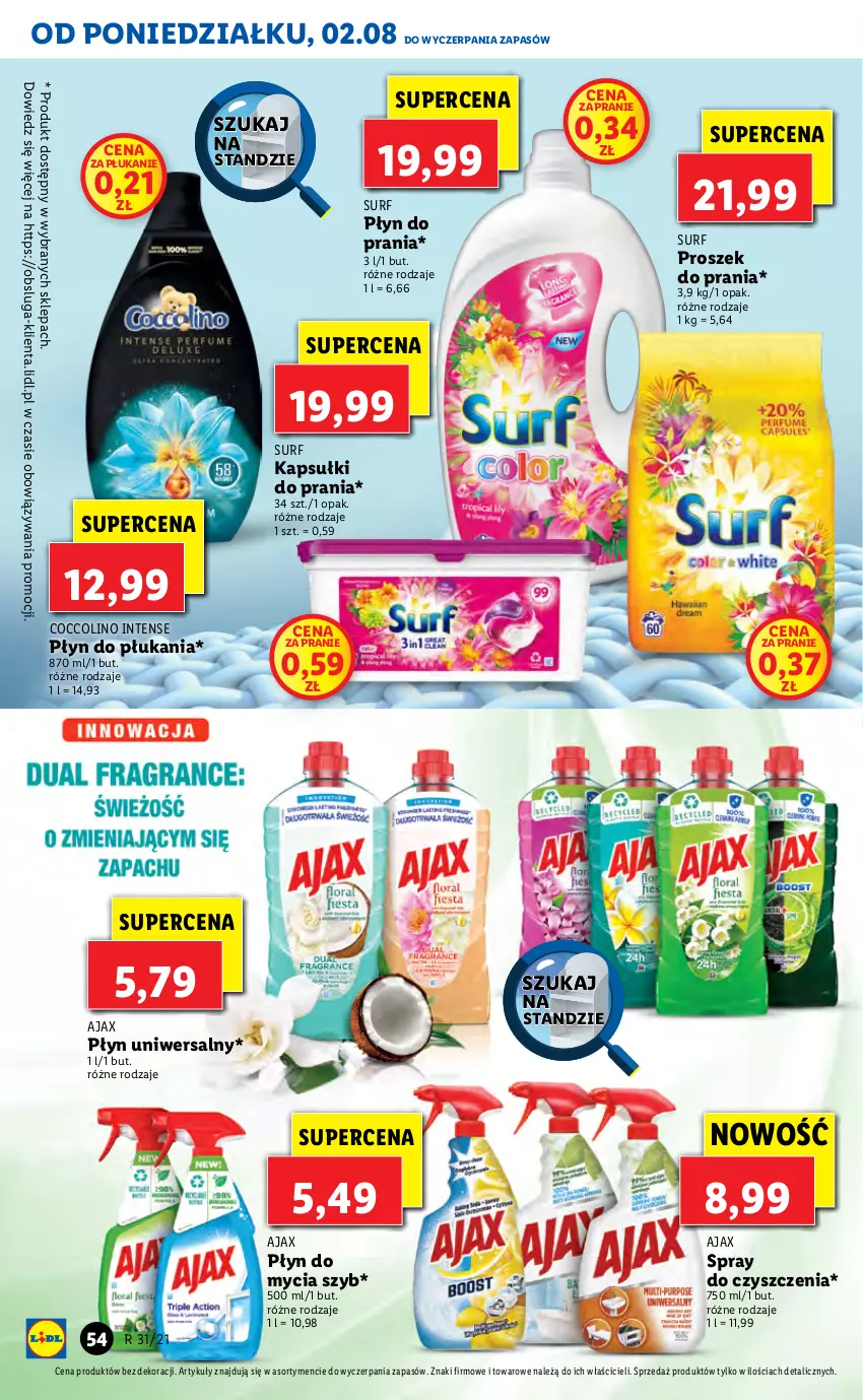 Gazetka promocyjna Lidl - GAZETKA - ważna 02.08 do 04.08.2021 - strona 54 - produkty: Ajax, Coccolino, Kapsułki do prania, Płyn do mycia, Płyn do płukania, Płyn do prania, Proszek do prania, Spray do czyszczenia, Surf