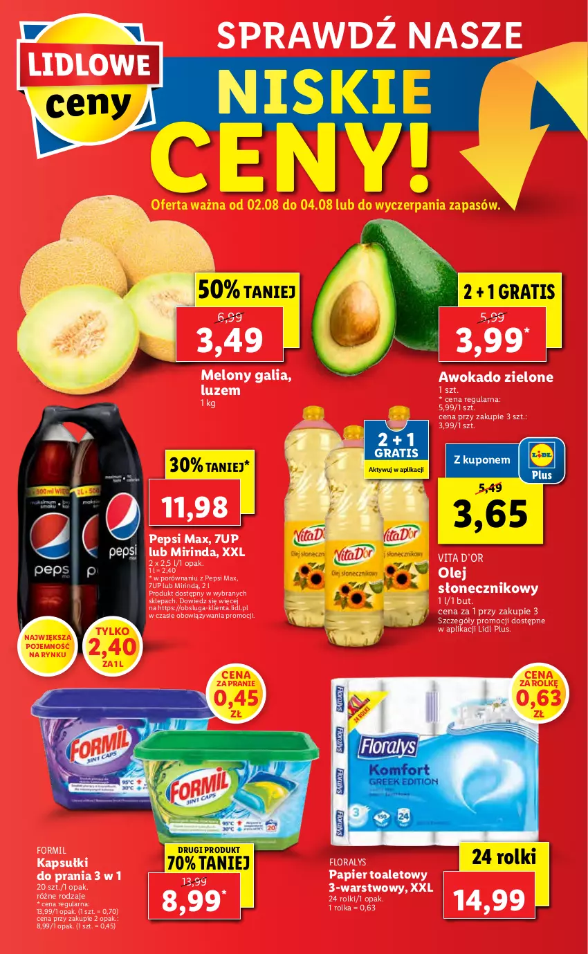 Gazetka promocyjna Lidl - GAZETKA - ważna 02.08 do 04.08.2021 - strona 56 - produkty: 7up, Flora, Gra, Kapsułki do prania, Melon, Mirinda, Olej, Olej słonecznikowy, Papier, Papier toaletowy, Pepsi, Pepsi max, Por, Rolki