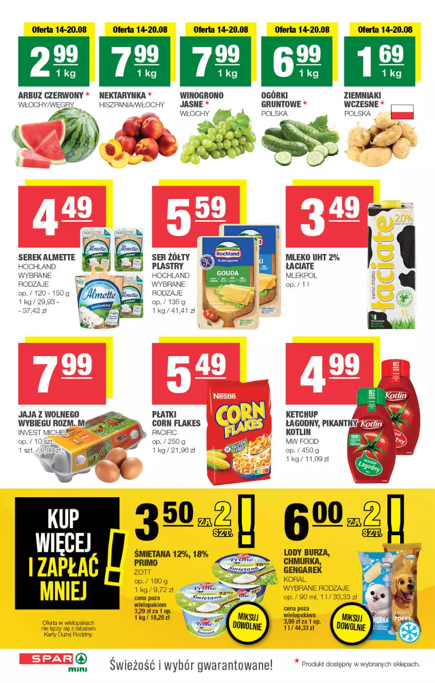 Gazetka promocyjna Spar - Spar-Mini - ważna 11.08 do 21.08.2024 - strona 2 - produkty: Almette, Arbuz, Cif, Corn flakes, Grunt, Gry, Hochland, Jaja, Ketchup, Kotlin, Lody, Mleko, Nektar, Nektarynka, Ser, Serek, Wino, Ziemniaki, Zott