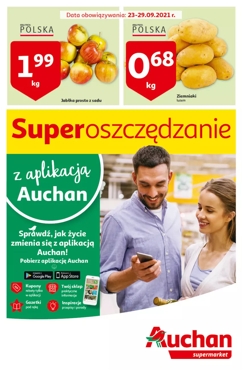 Gazetka promocyjna Auchan - Oszczedzanie z aplikacją Auchan Supermarkety - ważna 23.09 do 29.09.2021 - strona 1 - produkty: Fa, Jabłka, Por, Ziemniaki