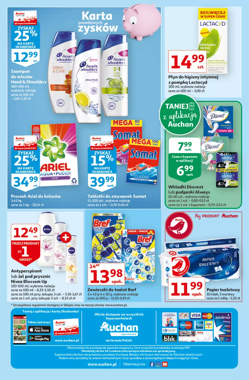 Gazetka promocyjna Auchan - Oszczedzanie z aplikacją Auchan Supermarkety - ważna 23.09 do 29.09.2021 - strona 12 - produkty: Always, Antyperspirant, Bref, Discreet, Fa, Lactacyd, Nivea, Papier, Papier toaletowy, Płyn do higieny intymnej, Podpaski, Wkładki, Zawieszki