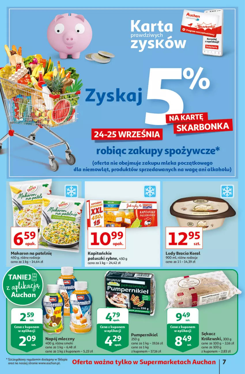 Gazetka promocyjna Auchan - Oszczedzanie z aplikacją Auchan Supermarkety - ważna 23.09 do 29.09.2021 - strona 7 - produkty: Królewski, Lody, Makaron, Napój, Napój mleczny, Paluszki rybne, Sękacz