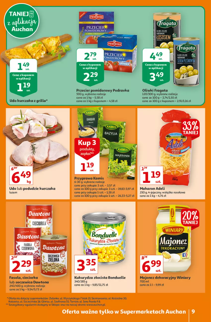 Gazetka promocyjna Auchan - Oszczedzanie z aplikacją Auchan Supermarkety - ważna 23.09 do 29.09.2021 - strona 9 - produkty: Bonduelle, Cieciorka, Dawtona, Fa, Fasola, Kamis, Kukurydza, Kurczak, Majonez, Makaron, Orka, Winiary, Wstążka