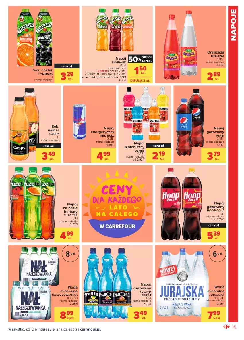 Gazetka promocyjna Carrefour - Gazetka Market - ważna 28.06 do 10.07.2021 - strona 15 - produkty: Cappy, Hellena, Hoop, Kosz, Nałęczowianka, Napój, Napój energetyczny, Napój gazowany, Napój izotoniczny, Napoje, Nektar, Oranżada, Oshee, Pepsi, Red Bull, Sok, Tymbark, Woda, Woda mineralna