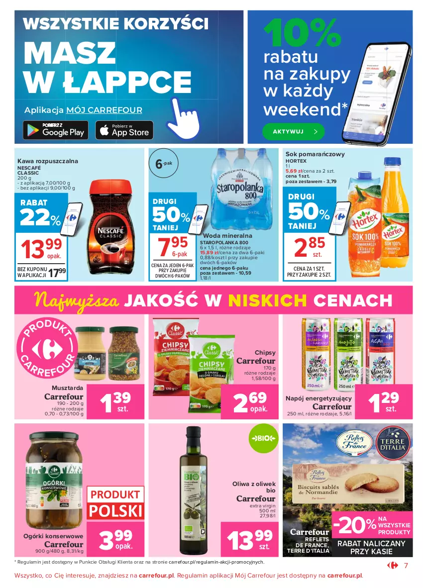 Gazetka promocyjna Carrefour - Gazetka Market - ważna 28.06 do 10.07.2021 - strona 7 - produkty: Chipsy, Gin, Hortex, Kawa, Kawa rozpuszczalna, Kosz, Mus, Musztarda, Napój, Nescafé, Ogórki konserwowe, Oliwa z oliwek, Ser, Sok, Sok pomarańczowy, Staropolanka, Woda, Woda mineralna