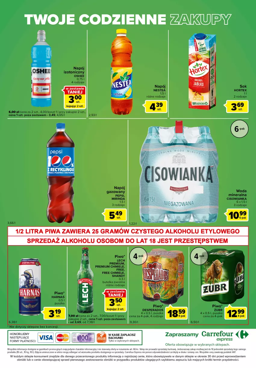 Gazetka promocyjna Carrefour - Gazetka Express - ważna 10.01 do 16.01.2023 - strona 6 - produkty: Cisowianka, Desperados, Gra, Harnaś, Hortex, Kosz, Lech Premium, Mirinda, Napój, Napój gazowany, Nestea, Oshee, Pepsi, Piwa, Piwo, Sok, Stek