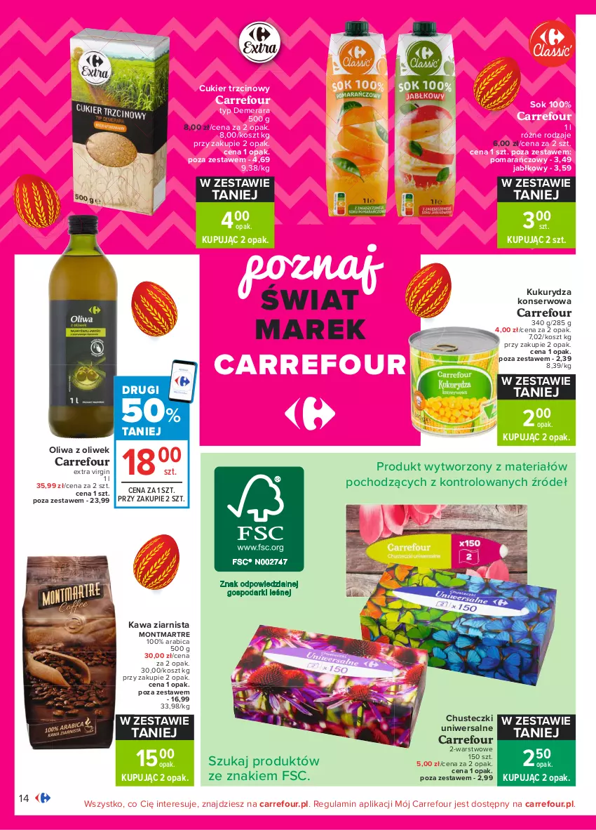 Gazetka promocyjna Carrefour - Gazetka Carrefour - ważna 22.03 do 27.03.2021 - strona 14 - produkty: BIC, Chusteczki, Cukier, Cukier trzcinowy, Gin, Kawa, Kawa ziarnista, Kosz, Kukurydza, Kukurydza konserwowa, Montmartre, Oliwa z oliwek, Ser, Sok