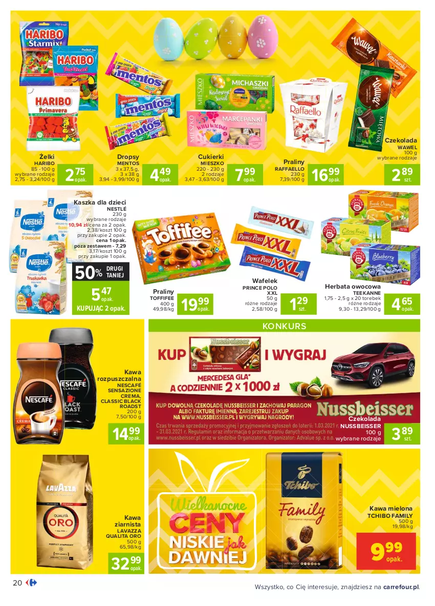 Gazetka promocyjna Carrefour - Gazetka Carrefour - ważna 22.03 do 27.03.2021 - strona 20 - produkty: Cukier, Cukierki, Czekolada, Dzieci, Fa, Haribo, Herbata, Herbata owocowa, Kawa, Kawa mielona, Kawa rozpuszczalna, Kawa ziarnista, Kosz, Lack, Lavazza, Mentos, Nescafé, Nestlé, Praliny, Prince Polo, Raffaello, Ser, Tchibo, Tchibo Family, Teekanne, Toffifee, Wafelek, Wawel