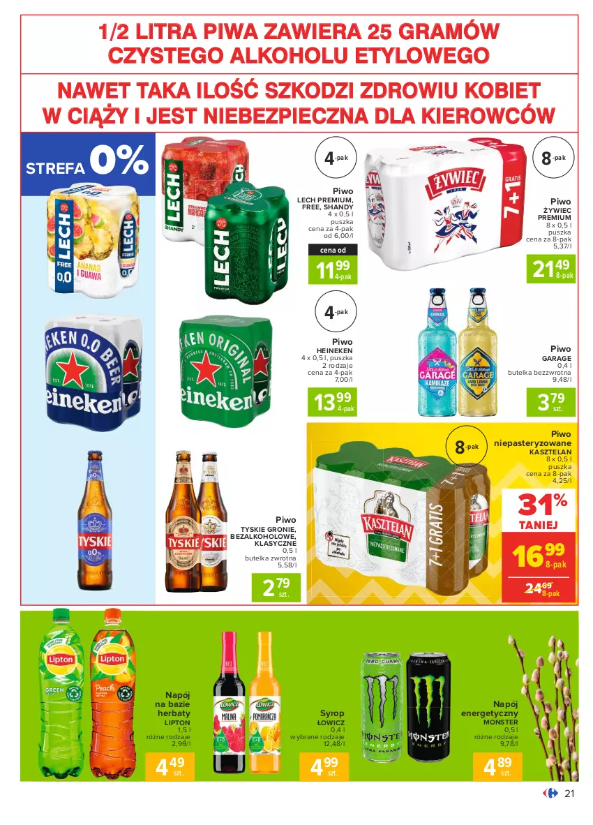 Gazetka promocyjna Carrefour - Gazetka Carrefour - ważna 22.03 do 27.03.2021 - strona 21 - produkty: Fa, Gra, Heineken, Kasztelan, Lech Premium, Lipton, Napój, Napój energetyczny, Piec, Piwa, Piwo, Syrop, Tyskie