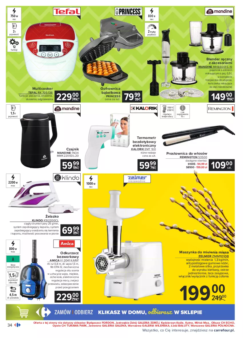 Gazetka promocyjna Carrefour - Gazetka Carrefour - ważna 22.03 do 27.03.2021 - strona 34 - produkty: Amica, Blender, Blender ręczny, Czajnik, Fa, Gofrownica, K2, Maszynka, Maszynka do mielenia, Odkurzacz, Piec, Pojemnik, Prostownica do włosów, Remington, Rum, Szynka, Taca, Tefal, Termometr, Trzepaczka, Zelmer