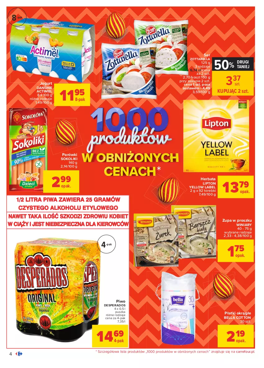 Gazetka promocyjna Carrefour - Gazetka Carrefour - ważna 22.03 do 27.03.2021 - strona 4 - produkty: Actimel, Bell, Bella, Danone, Desperados, Gra, Herbata, Jogurt, Kosz, Lipton, Parówki, Parówki sokoliki, Piec, Piwa, Piwo, Ser, Sok, Winiary, Zott, Zottarella, Zupa