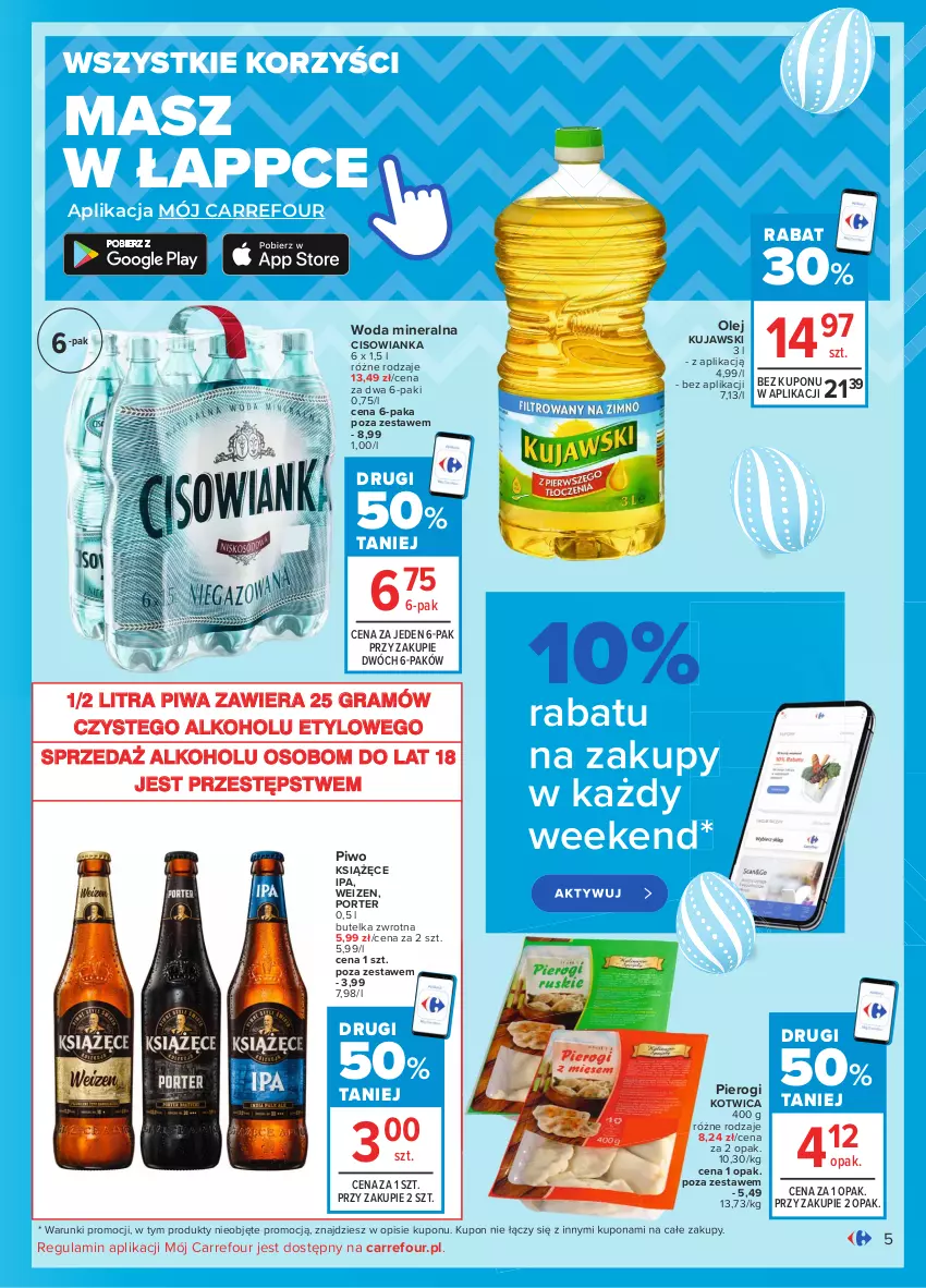 Gazetka promocyjna Carrefour - Gazetka Carrefour - ważna 22.03 do 27.03.2021 - strona 5 - produkty: Cisowianka, Gra, Książęce, Kujawski, Olej, Pierogi, Piwa, Piwo, Por, Woda, Woda mineralna