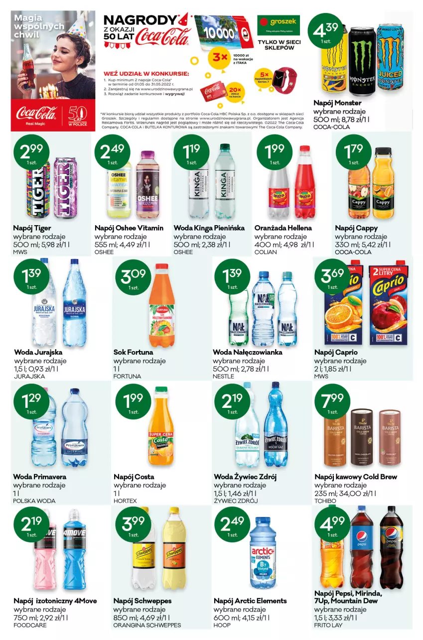 Gazetka promocyjna Groszek - ważna 28.04 do 10.05.2022 - strona 10 - produkty: 7up, Cappy, Coca-Cola, Fortuna, Gin, Gra, Groszek, Gry, Hellena, Hoop, Hortex, Mirinda, Napój, Napój izotoniczny, Napoje, Oranżada, Oshee, Por, Prima, Primavera, Schweppes, Sok, Tchibo, Tiger, Woda