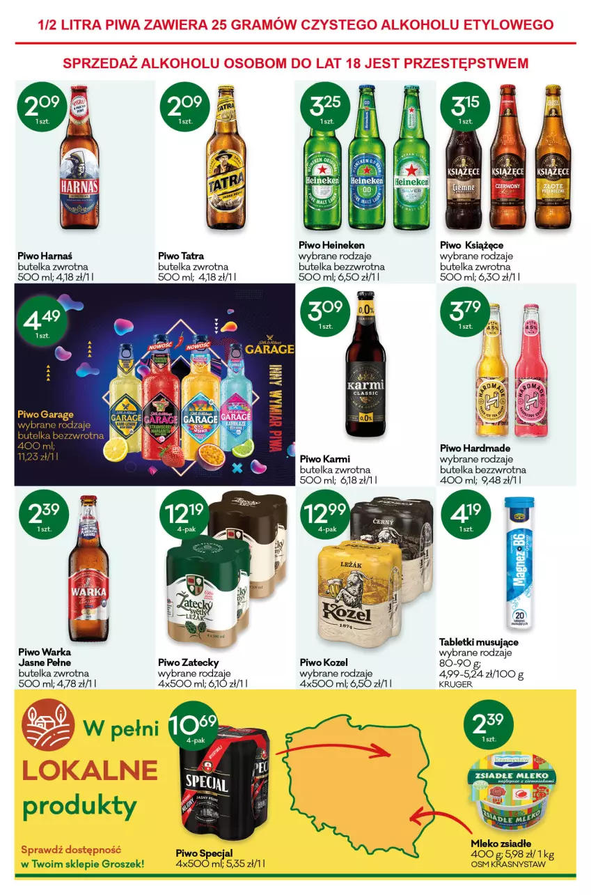 Gazetka promocyjna Groszek - ważna 28.04 do 10.05.2022 - strona 11 - produkty: Groszek, Harnaś, Heineken, Karmi, Kozel, Książęce, Mleko, Mleko zsiadłe, Mus, Piwo, Tablet, Tabletki musujące, Tatra, Warka