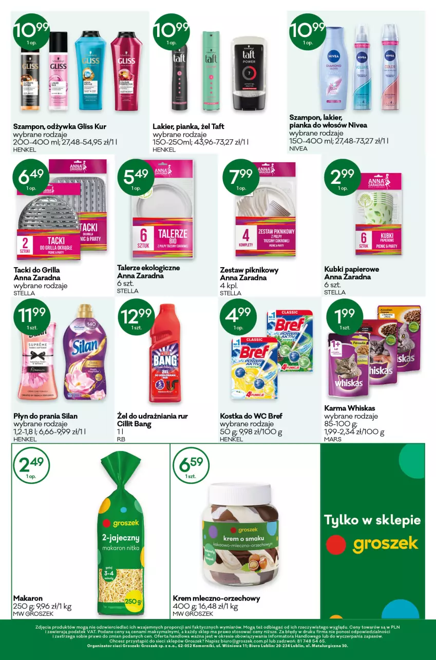 Gazetka promocyjna Groszek - ważna 28.04 do 10.05.2022 - strona 12 - produkty: Biuro, Bref, Cillit Bang, Fa, Gliss Kur, Grill, Groszek, Kostka do wc, Lakier, Makaron, Mars, Nivea, Odżywka, Papier, Pianka do włosów, Płyn do prania, Por, Silan, Szampon, Taft, Talerz, Whiskas