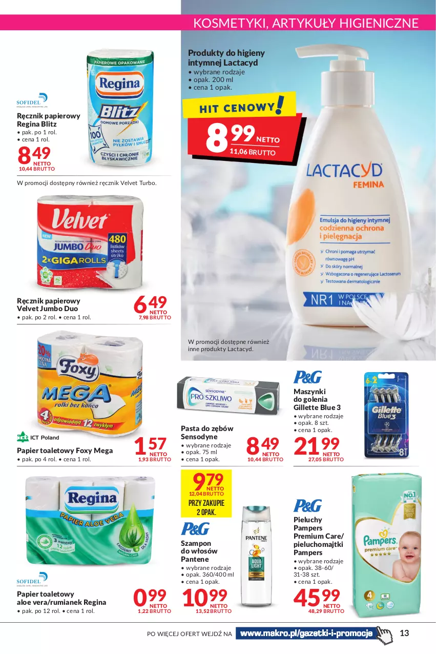 Gazetka promocyjna Makro - [Oferta promocyjna] Artykuły spożywcze i przemysłowe - ważna 08.03 do 21.03.2022 - strona 13 - produkty: Aloe vera, Foxy, Gillette, Gin, Lactacyd, Majtki, Pampers, Pantene, Papier, Papier toaletowy, Pasta do zębów, Pieluchomajtki, Pieluchy, Ręcznik, Rum, Sensodyne, Szampon, Velvet